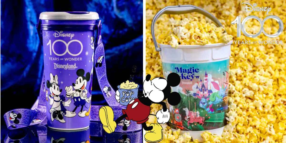Collectible Disney100 popcorn buckets available in the park: one in vibrant purple showcasing fan-favorite characters, and another in classic white decorated with whimsical popcorn accents and a magical castle graphic.