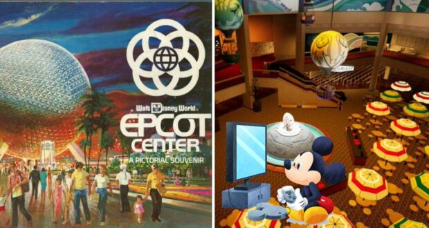 Classic Epcot Center postcard on the left; lively Epcot restaurant scene with Mickey Mouse greeting guests on the right, capturing the nostalgic excitement of Epcot’s early days.