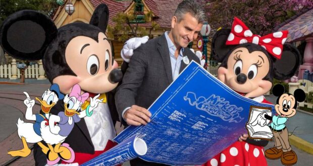 Mickey and Minnie Mouse review a blueprint alongside drawings of Donald and Daisy Duck, while Josh D’Amaro shares exciting updates about DisneylandForward.