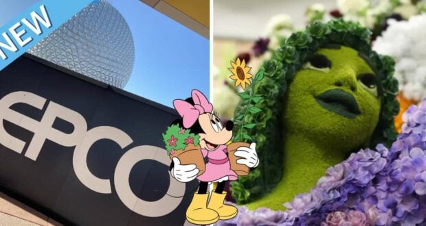 EPCOT sign and iconic geodesic dome set the scene as Minnie Mouse is showcased among vibrant plants, with a striking green plant sculpture adorned with colorful flowers. New EPCOT character topiaries are beautifully arranged throughout the landscape, adding to the immersive Disney park experience.