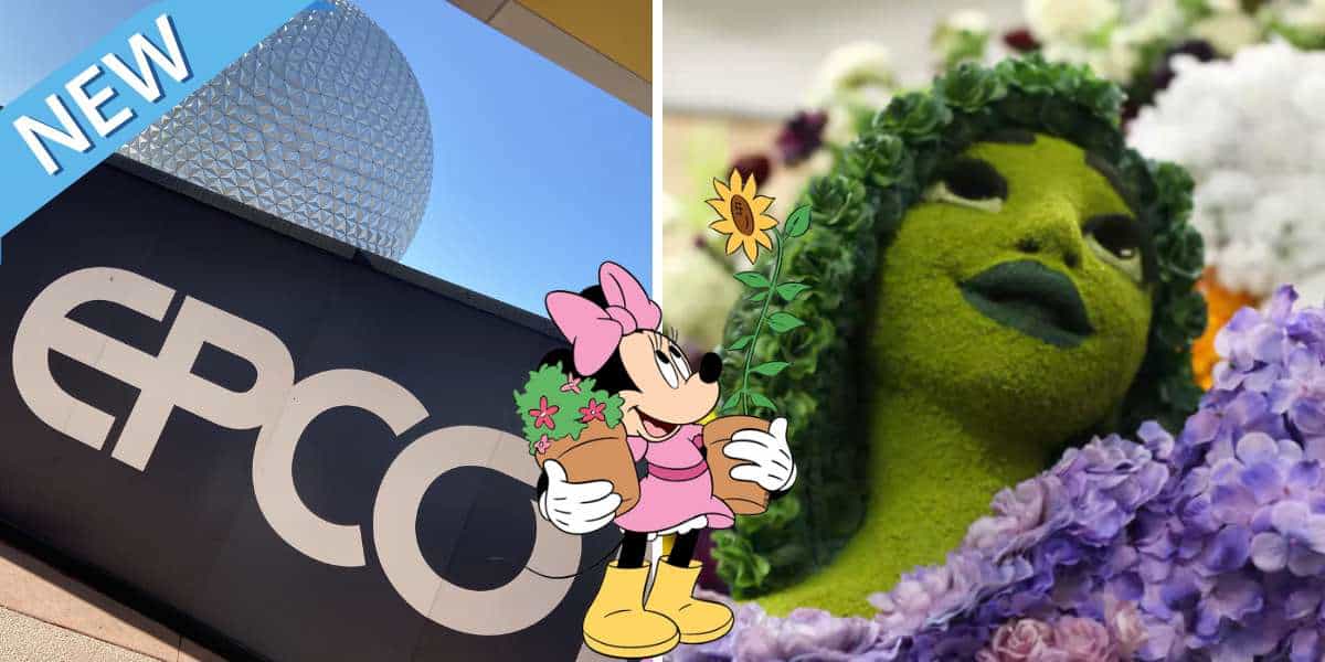 EPCOT sign and iconic geodesic dome set the scene as Minnie Mouse is showcased among vibrant plants, with a striking green plant sculpture adorned with colorful flowers. New EPCOT character topiaries are beautifully arranged throughout the landscape, adding to the immersive Disney park experience.