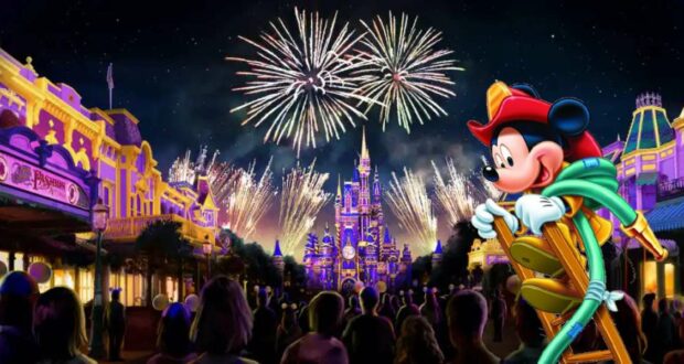 Mickey Mouse, dressed as a firefighter, stands proudly atop a ladder as dazzling fireworks burst over Cinderella Castle at Disney World, embodying the magic and safety of the park during a spectacular nighttime show.