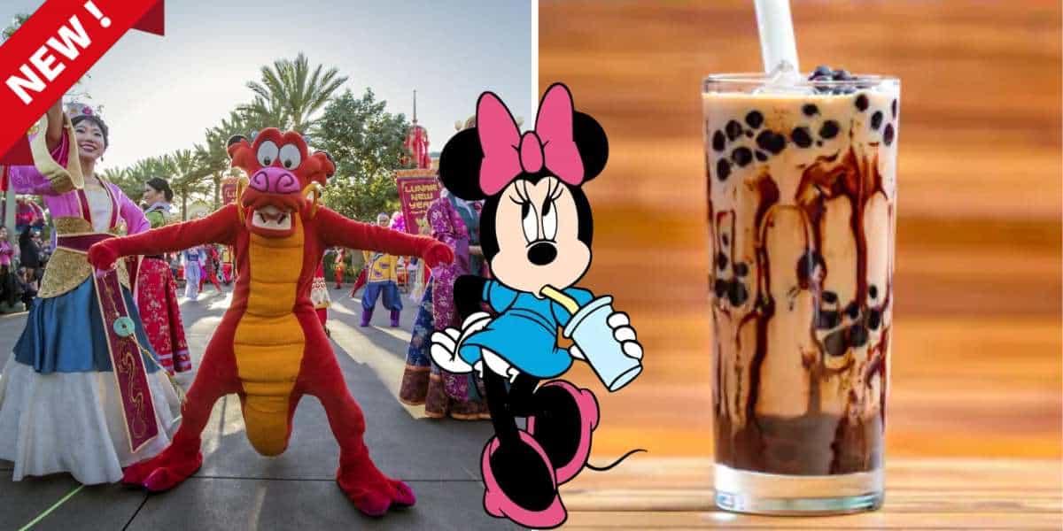 Celebrate the Disney Lunar New Year at the Mulan parade, where Minnie Mouse delights in sipping boba beside a glass of brown sugar bubble tea on a festive table.
