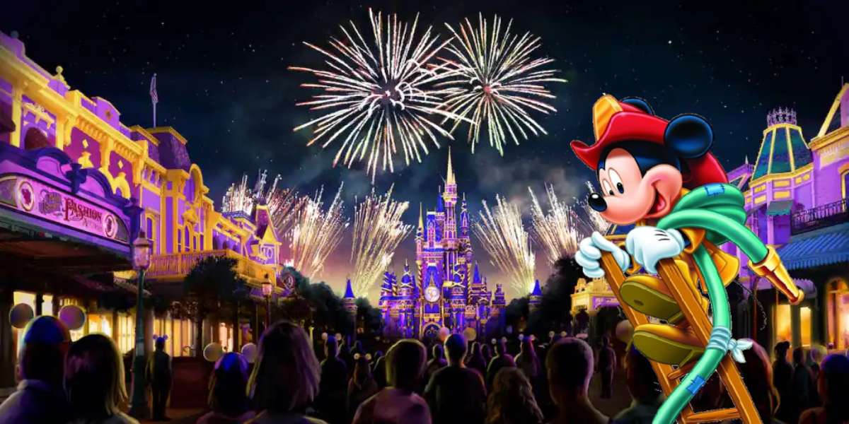 Mickey Mouse, dressed as a firefighter, stands proudly atop a ladder as dazzling fireworks burst over Cinderella Castle at Disney World, embodying the magic and safety of the park during a spectacular nighttime show.