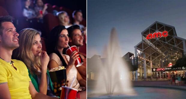 Guests enjoying a movie inside the theater; outside, the lively entrance of an AMC cinema features a fountain where visitors often pause to check out ticket prices before joining the fun inside—just another stop for entertainment seekers along their theme park adventure.