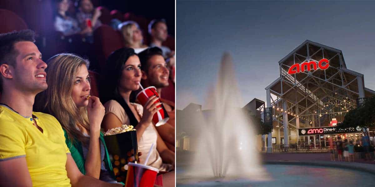 Guests enjoying a movie inside the theater; outside, the lively entrance of an AMC cinema features a fountain where visitors often pause to check out ticket prices before joining the fun inside—just another stop for entertainment seekers along their theme park adventure.