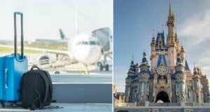 A blue suitcase and a black backpack—both allowed as airline personal items—rest in an airport, alongside a photo of Cinderella Castle at Disney World.