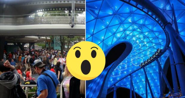 Split image: On the left, guests line up in a bustling Magic Kingdom queue; on the right, the TRON Lightcycle / Run attraction glows with vibrant blue lighting beneath its futuristic canopy at night.