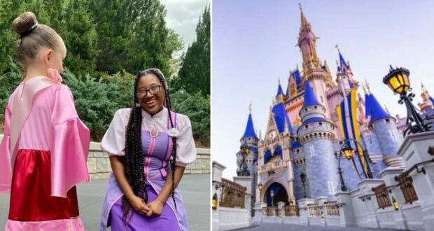 A young guest in a sparkling pink princess dress, just styled at the Bibbidi Bobbidi Boutique, chats with a Disney character performer as Cinderella Castle rises nearby with its iconic blue and gold spires.