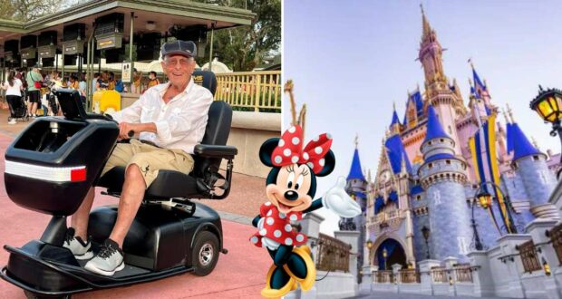 Bob Gurr rides his iconic scooter at the entrance of Disneyland; split-screen features Minnie Mouse and Sleeping Beauty Castle.