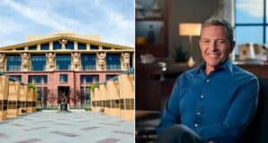 Left: The iconic Walt Disney Studios building, the heart of Disney magic; right: Bob Iger, in a blue shirt and smiling warmly indoors, radiating the creative leadership behind beloved Disney experiences.