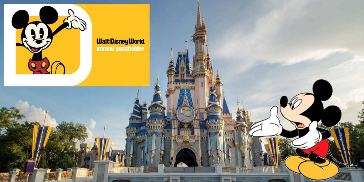 Cartoon images of Mickey Mouse appear next to the Cinderella Castle at Walt Disney World, with a yellow Disney Annual Passholders Lawsuit sign in the top left corner.