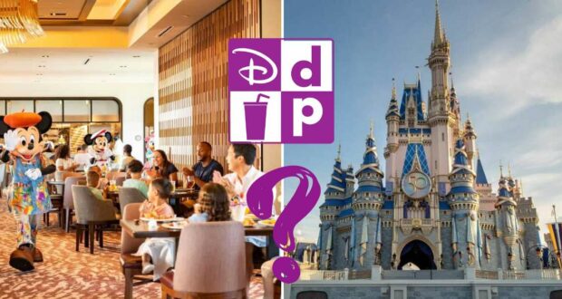 Split-screen image featuring a lively Disney dining experience with beloved characters on the left, Cinderella Castle on the right, and eye-catching Disney Dining Plan Promo Card icons showcased in the center.