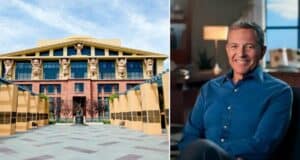 The yellow-brick facade of Disney's headquarters, adorned with iconic character statues, captures the magic fans love; inside, a Cast Member in a blue shirt beams with Disney spirit, possibly pondering the buzz around the latest Return to Office news from Disney.