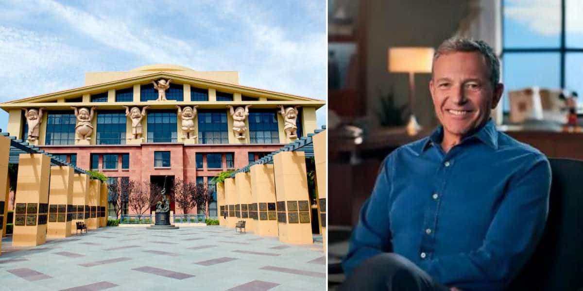 The yellow-brick facade of Disney's headquarters, adorned with iconic character statues, captures the magic fans love; inside, a Cast Member in a blue shirt beams with Disney spirit, possibly pondering the buzz around the latest Return to Office news from Disney.