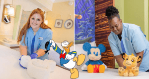 At Walt Disney World, housekeeping designs whimsical towel animals and arranges Disney plush toys on the bed, topped off with a playful Donald Duck illustration for guests to discover.
