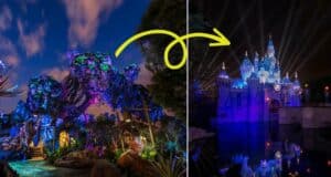 Left: Pandora – The World of Avatar glowing at night in Disney’s Animal Kingdom, showcasing its bioluminescent landscape. Right: Sleeping Beauty Castle at Disneyland illuminated with nighttime lights. A yellow arrow points from Pandora to the castle.