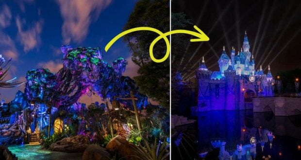 Left: Pandora – The World of Avatar glowing at night in Disney’s Animal Kingdom, showcasing its bioluminescent landscape. Right: Sleeping Beauty Castle at Disneyland illuminated with nighttime lights. A yellow arrow points from Pandora to the castle.