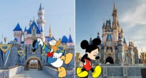 Split image: On the left, Donald Duck greets guests in front of a castle at Disneyland; on the right, Mickey Mouse stands proudly by a similar castle at Walt Disney World, highlighting the enchanting atmosphere of recent Disney Park Updates.