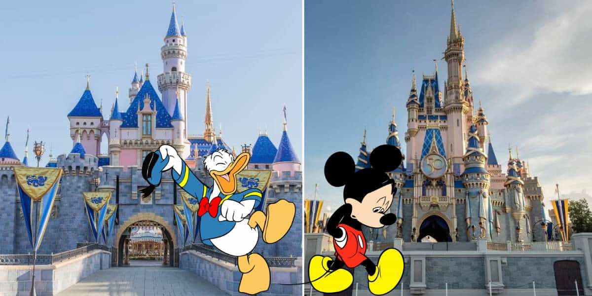 Split image: On the left, Donald Duck greets guests in front of a castle at Disneyland; on the right, Mickey Mouse stands proudly by a similar castle at Walt Disney World, highlighting the enchanting atmosphere of recent Disney Park Updates.
