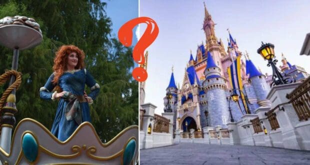Elsa in her sparkling blue gown atop a vibrant parade float next to Cinderella Castle during the Disney Festival of Fantasy Parade, with a bold red question mark hovering between them.
