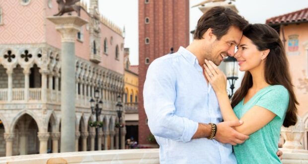 A couple at the Italy Pavilion at EPCOT