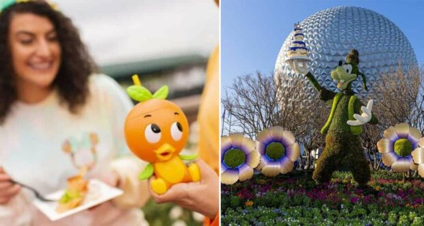 A guest enjoys a whimsical orange bird cup among vibrant flowers and a Goofy topiary, with the iconic Epcot dome in the background at the EPCOT International Flower & Garden Festival.