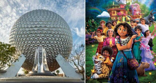 Epcot’s iconic geodesic sphere takes center stage, surrounded by spectacular blooms during the EPCOT Flower Garden Festival. Nearby, the beloved characters from Disney’s Encanto gather in front of Casita, radiating vibrant festival energy and celebrating cinematic magic at Disney World.