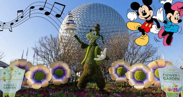 Goofy topiary at the Epcot International Flower & Garden Festival, joined by Mickey, Minnie, colorful blooms, and whimsical music notes—experience springtime enchantment as the Garden Rocks Concert Series fills EPCOT with live music and Disney magic.