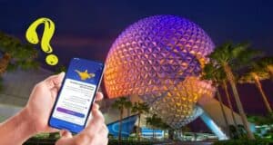 Disney Genie+ app displayed on a smartphone in front of Epcot’s glowing Spaceship Earth at night, with a prominent yellow question mark highlighting decision moments for park guests.
