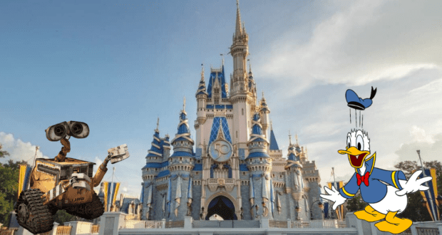 Cinderella Castle at Magic Kingdom with rare appearances by WALL-E and Donald Duck statues in front, all under a bright, sunny sky.