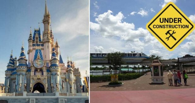 Cinderella Castle towers on the left, while the monorail glides by crowds enjoying a lively day; on the right, guests approach Disney’s Grand Floridian via a walkway marked with an under construction sign, all beneath a bright blue sky.