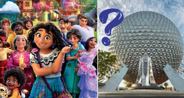 The Madrigal family from Encanto poses with Mirabel during a character meet and greet at Epcot, standing in front of Spaceship Earth, alongside a blue question mark.