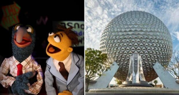 Kermit and Fozzie Bear in suits set off on a Muppets Journey Into Imagination at EPCOT, as the iconic Spaceship Earth glows in the sunlight under a clear blue sky.