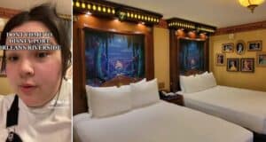 A Disney fan cautions fellow guests about staying at Disney’s Port Orleans Riverside after a recent incident at the resort; beside her, the themed hotel room showcases two inviting beds and festive décor.