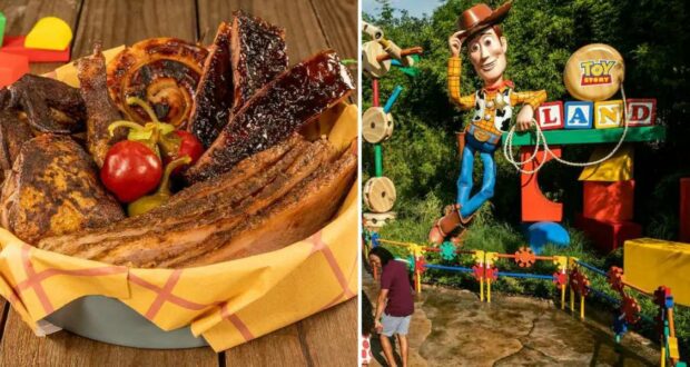 ROundup ROdeo BBQ’s hearty meat platter is featured on the left, while the iconic Toy Story Land entrance with Woody greets guests on the right at Disney’s Hollywood Studios.