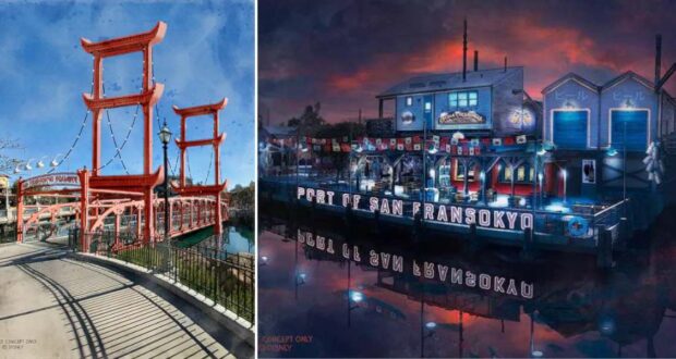 Concept art showcases the immersive world of Disney California Adventure’s San Fransokyo, featuring a striking red Japanese-style bridge and the iconic Port of San Fransokyo waterfront building, both capturing the area’s energetic vibe.