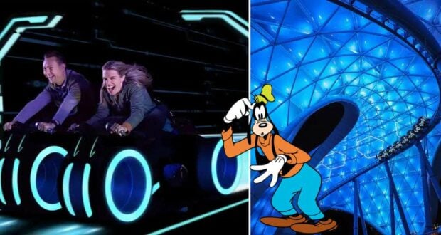 Guests speed along on the Tron Lightcycle / Run coaster at Magic Kingdom, with a glowing blue canopy overhead and Goofy nearby for a fun photo op.