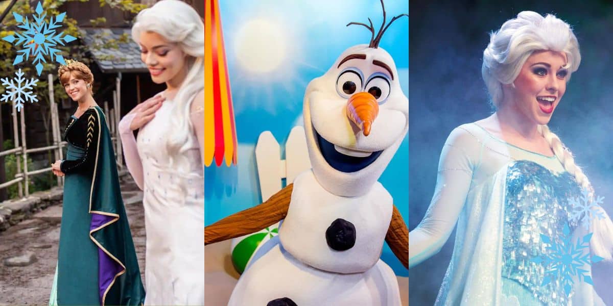 Three panels feature Anna, Elsa, and Olaf from Frozen delighting guests at Walt Disney World, showcasing magical moments from the ultimate Frozen experience in the park.