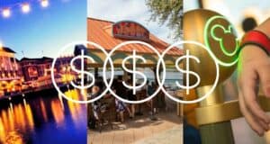 Three lively Disney World scenes featuring classic attractions, favorite characters, and Cinderella Castle, all topped with dollar signs that playfully spotlight both the expense of a Disney vacation and the unexpected ways a stay at a Disney Resort delivers incredible value for theme park fans.