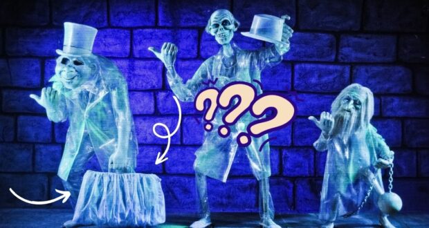 The iconic three blue Hitchhiking Ghosts from Disney’s Haunted Mansion appear against a stone wall, with the one in the middle missing his trademark hatbox and question marks floating above him—playfully reminding Disney Parks fans that even legendary spirits need to double-check their packing lists to avoid ghostly blunders on park day.
