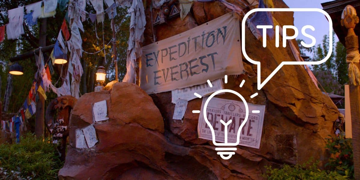 A rocky outdoor scene with a sign reading "Expedition Everest" stands against colorful flags and lanterns. A large speech bubble displays "TIPS," enhanced by an illuminated light bulb, offering Hints & Hacks for Your Animal Kingdom Day.