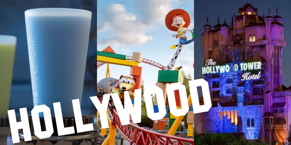 A collage showcasing a vibrant blue drink, the thrilling Toy Story roller coaster with Woody and Jessie, and the Hollywood Tower Hotel aglow at night. The word "HOLLYWOOD" is overlaid in bold white letters, hinting at all the fun Hollywood Studios hacks you need to know!.