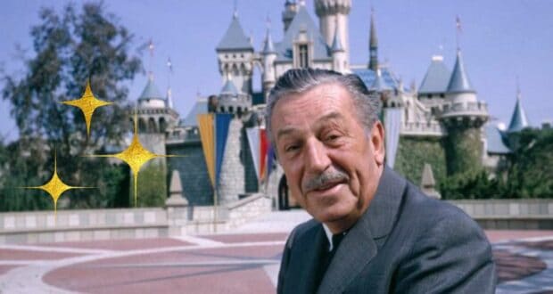 A well-dressed Disney executive beams in front of Cinderella Castle at Walt Disney World, surrounded by sparkling effects that capture the enchanting magic famously brought to life by Walt Disney himself.