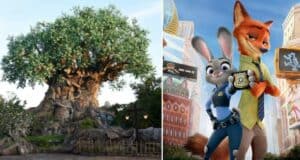 The Tree of Life, beautifully adorned with intricate animal carvings, takes center stage as Judy Hopps and Nick Wilde from Zootopia, both in their police uniforms and holding a badge, patrol Discovery Island in Disney’s Animal Kingdom.