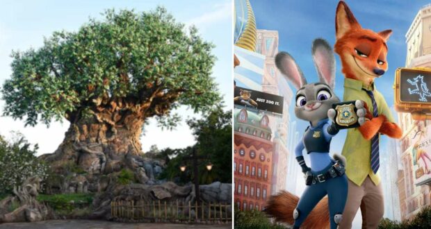 The Tree of Life, beautifully adorned with intricate animal carvings, takes center stage as Judy Hopps and Nick Wilde from Zootopia, both in their police uniforms and holding a badge, patrol Discovery Island in Disney’s Animal Kingdom.