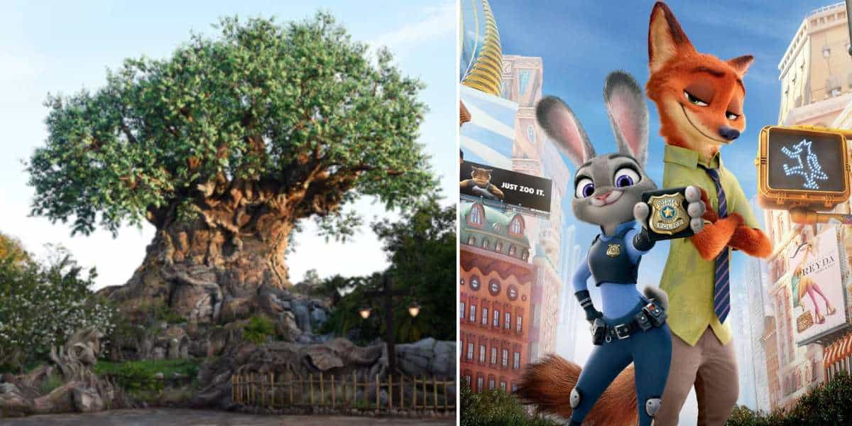 The Tree of Life, beautifully adorned with intricate animal carvings, takes center stage as Judy Hopps and Nick Wilde from Zootopia, both in their police uniforms and holding a badge, patrol Discovery Island in Disney’s Animal Kingdom.