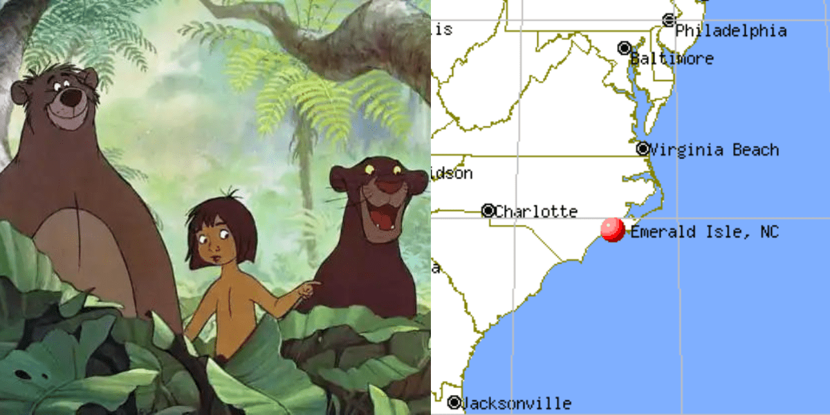 Characters from Jungle Book and Map of Emerald Island, NC