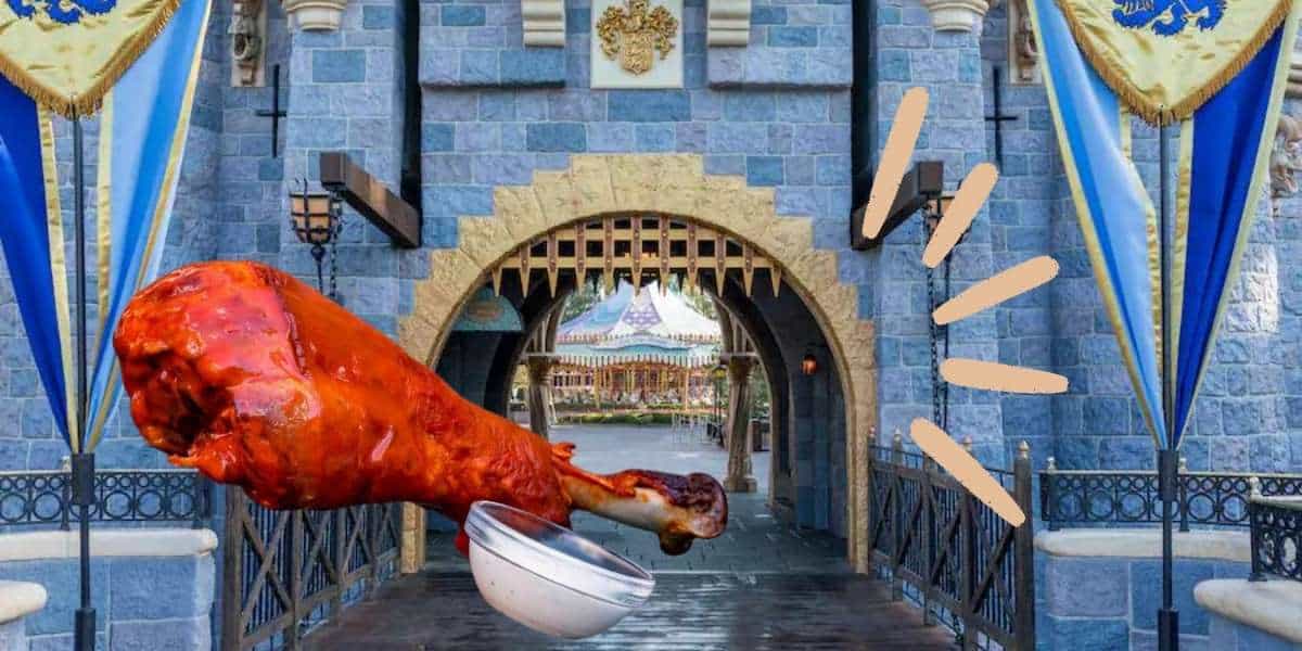 An iconic Disneyland Turkey Leg hovers playfully in front of Sleeping Beauty Castle, outlined with dynamic cartoon effects and joined by a signature dipping sauce on the side.