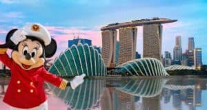 Minnie Mouse, dressed as a cruise captain, greets fans in front of the iconic Marina Bay Sands and Gardens by the Bay to celebrate Disney Cruise Line’s debut in Singapore.